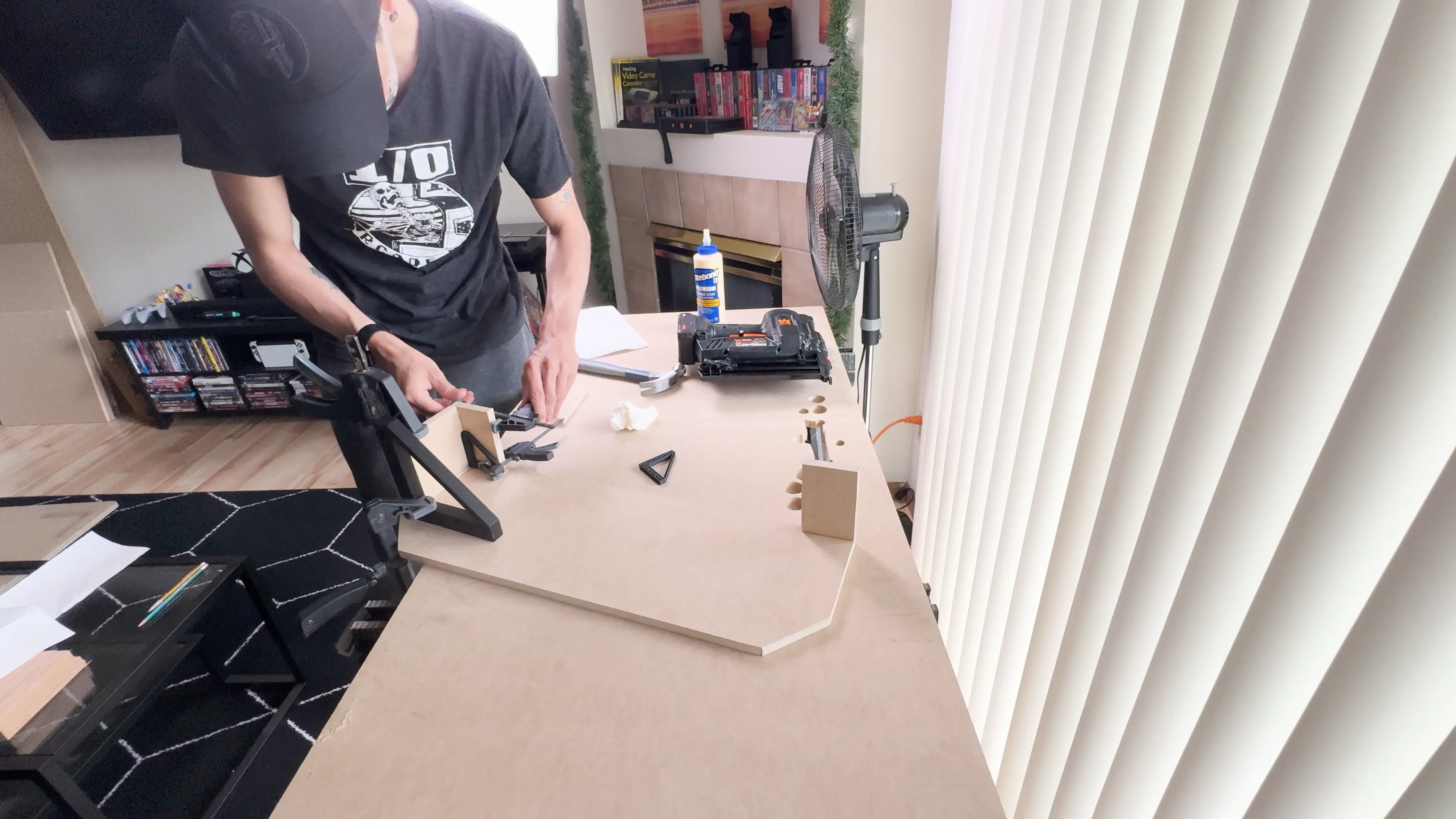 Beginning assembly of the control panel bottom box with braces and wood glue.