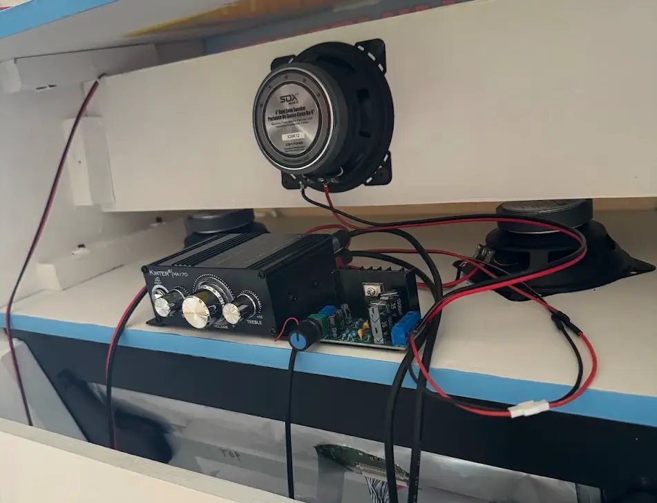 A look at the audio setup in the top part of the cabinet.